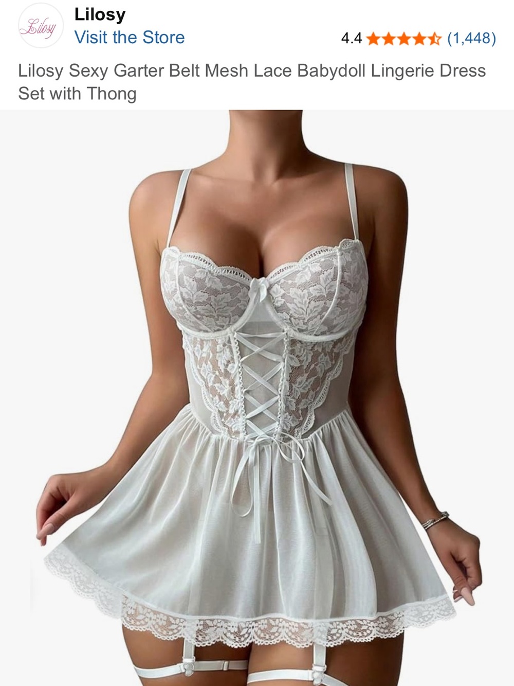 Amazon White Lace Mesh Babydoll Chemise with Garter Straps